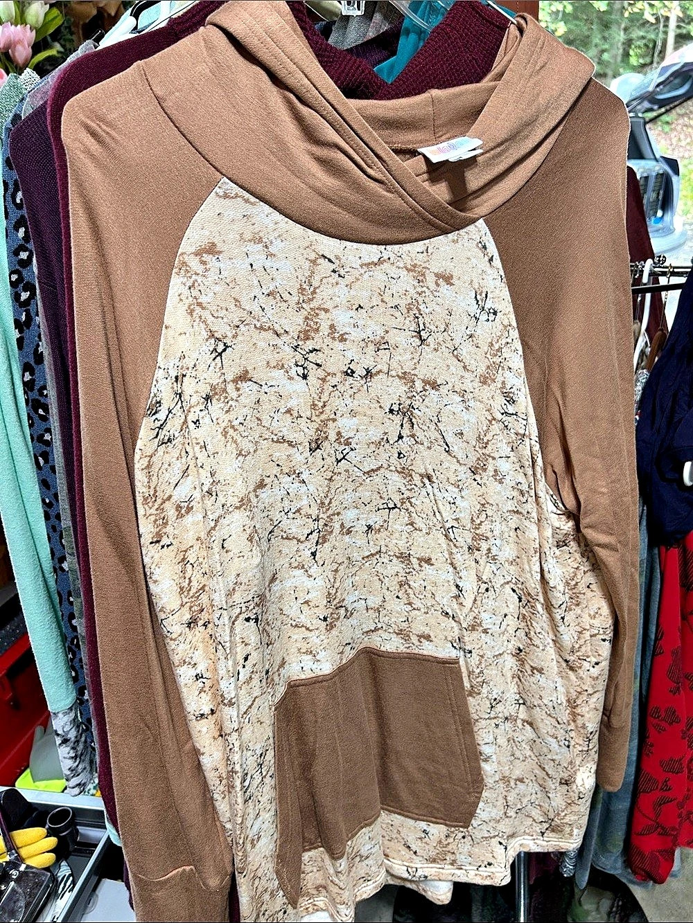 LuLaRoe Amber Hoodie Brown & Cream Abstract Tunic XL